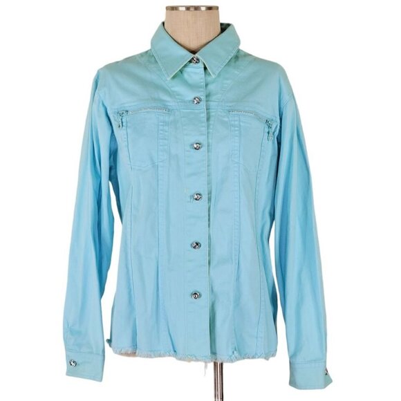 Quacker Factory Denim Jacket Size L Fringe Hem Rhinestone Zippers Jewel Buttons - Picture 11 of 11